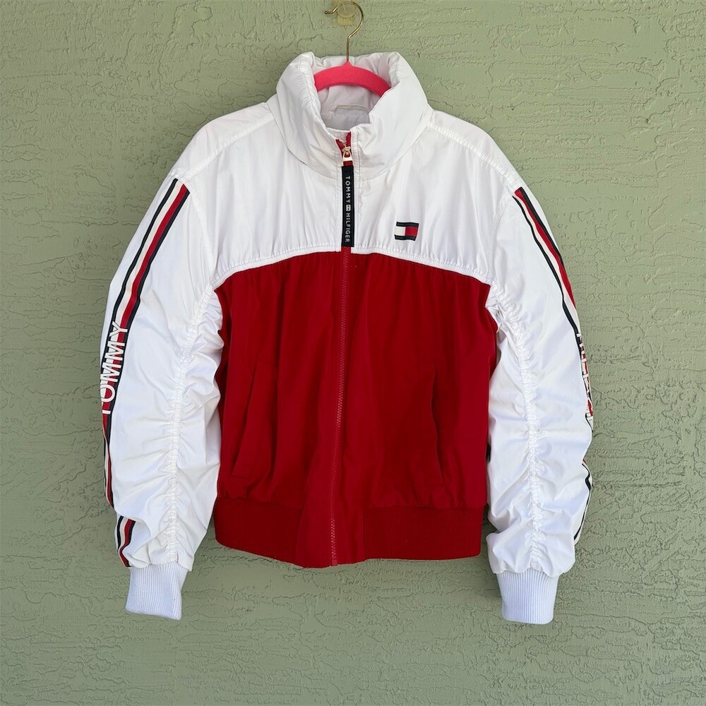 Tommy Hilfiger Windbreaker Jacket Womens M Red Colorblock Hood Full Zip